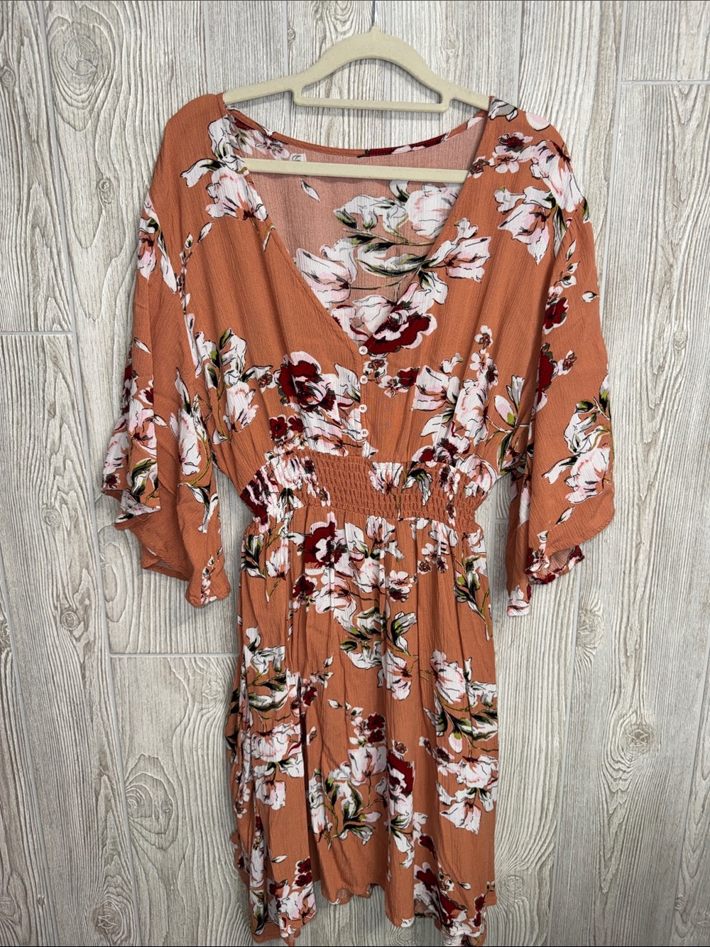 Rust Floral V-Neck Smocked Midi Dress